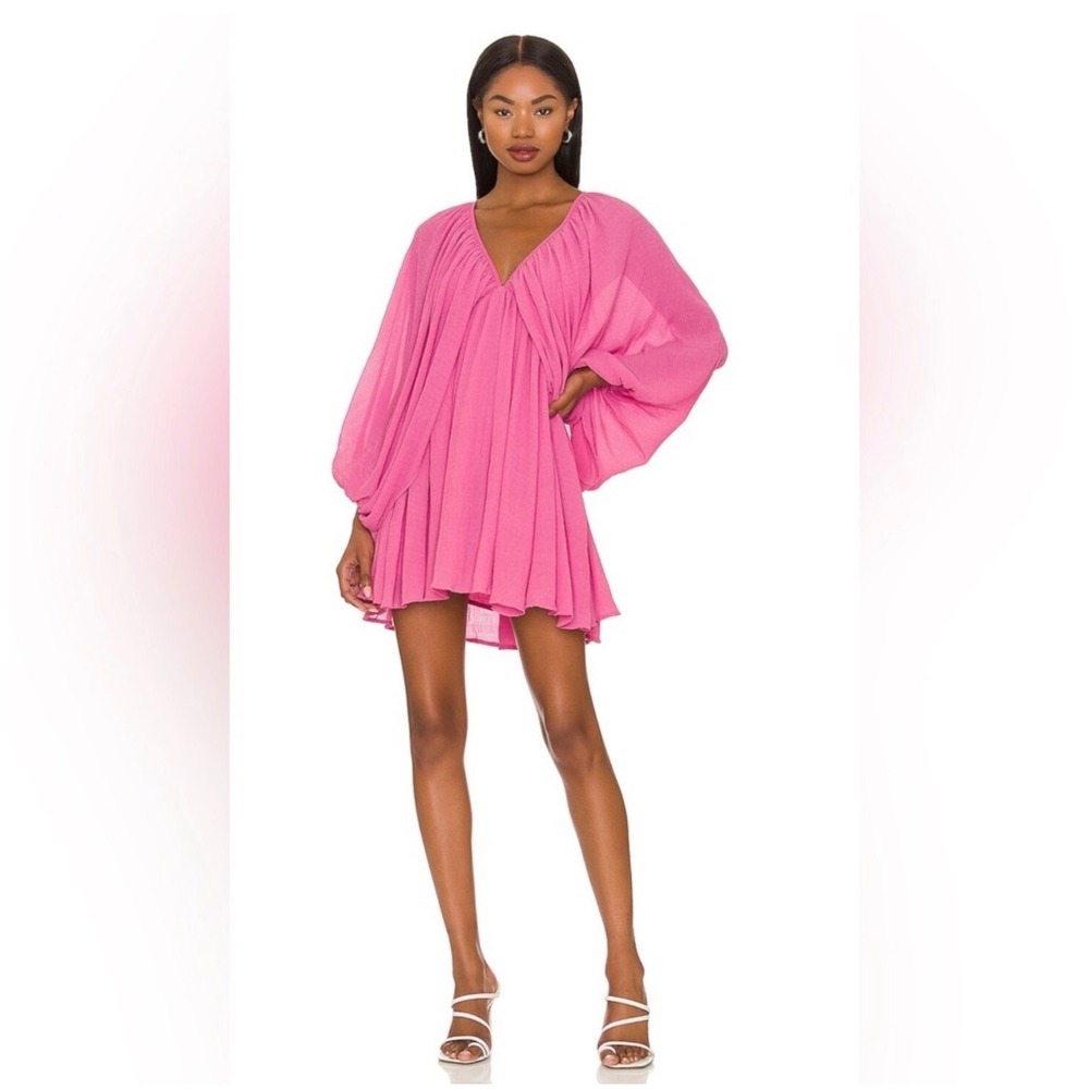 Tularosa Nola Dress Pink Pleated V-Neck Balloon Sleeve Mini Dress NWT Size M